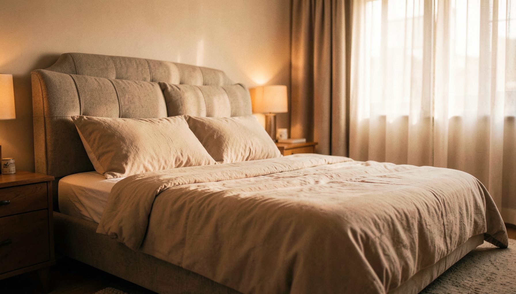 A serene bedroom interior with a plush upholstered bed dressed in soft neutral linens, warm bedside lighting, and gentle morning light filtering through sheer curtains
