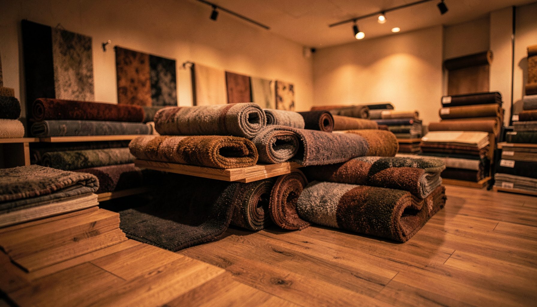 Warmly lit interior showroom with rolls of carpet and stacked wood flooring samples in rich browns, greys, and natural oak tones, wide cinematic frame with shallow depth of field