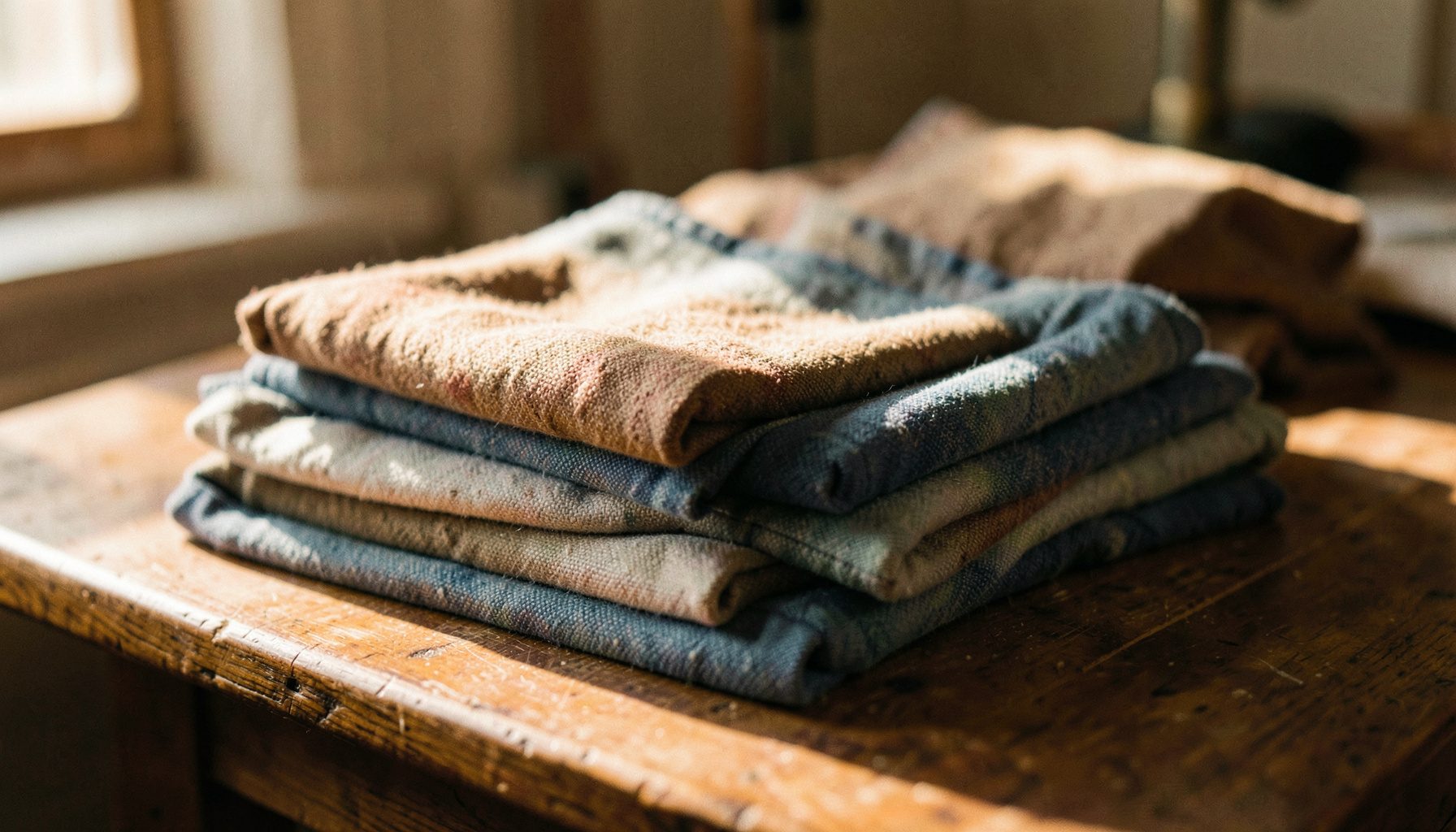Bolts of richly textured fabric in muted earth tones and soft blues stacked on a wooden worktable, with gentle daylight falling across the surface