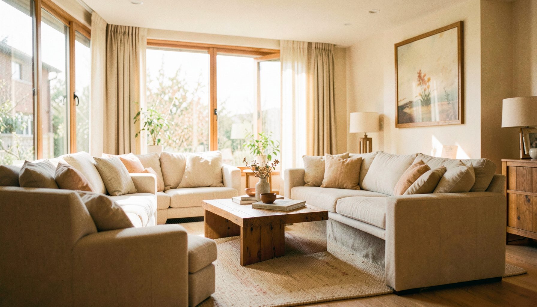 Bright, airy living room interior with neutral-toned furniture, soft beige and cream upholstery, warm wood accents, and natural daylight streaming through large windows