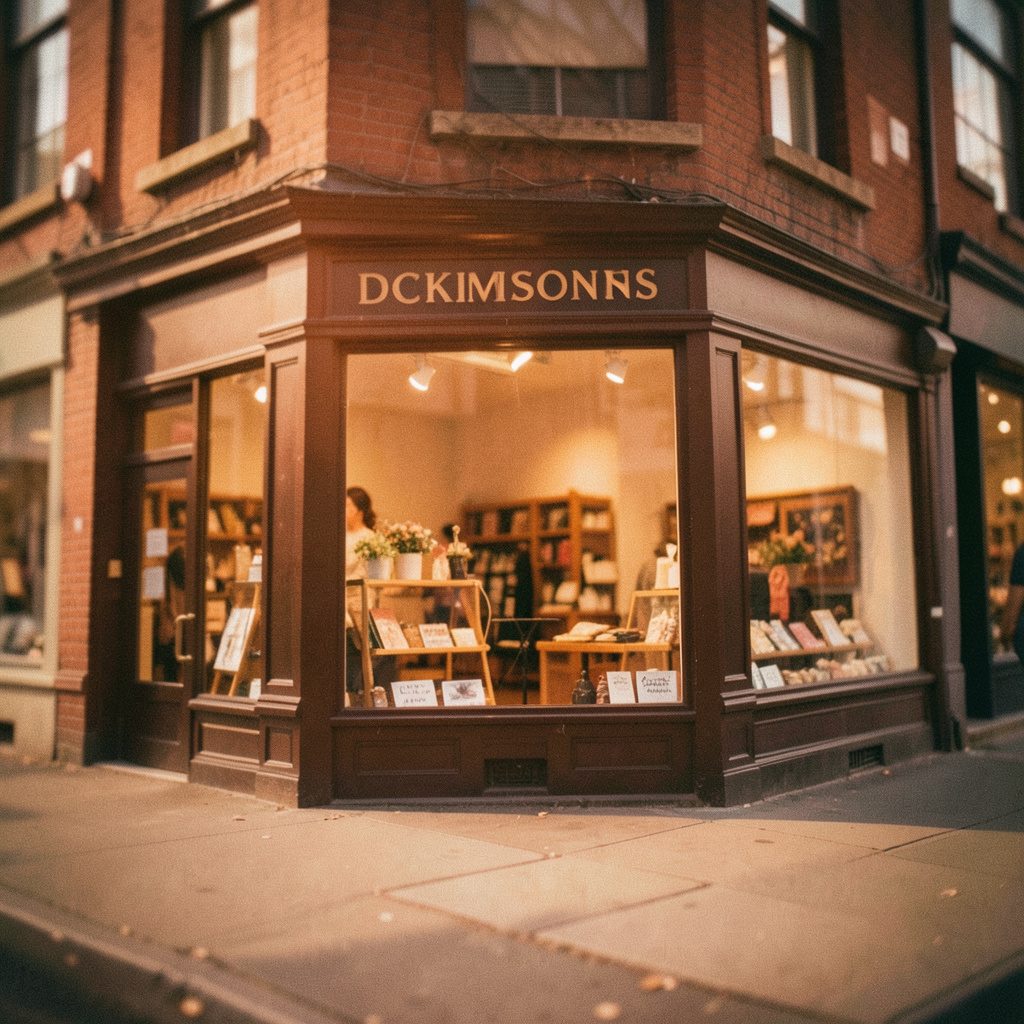 Dickinsons Furnishers storefront with warm lighting and classic signage
